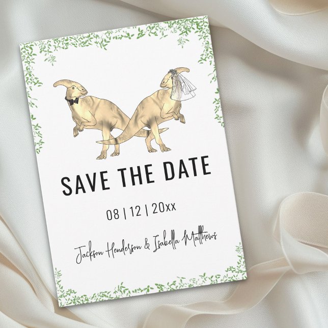 Boda de Dinosaurio Adorable Anuncio Verde de Guard (Cute dinosaur bride and groom watercolor foliage wedding save the date card)