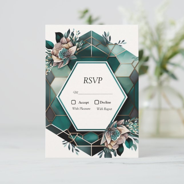 Boda de diseño geométrico verde moderno RSVP (Anverso de pie)