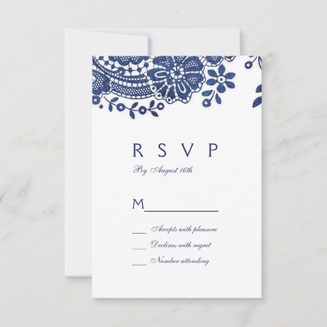 Boda de encaje azul y blanco elegante RSVP (Anverso)