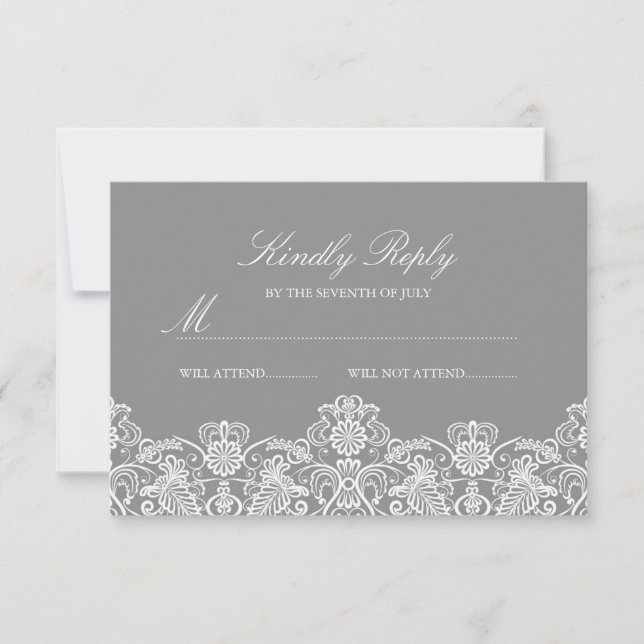 Boda de encaje floral gris y blanca RSVP (Anverso)