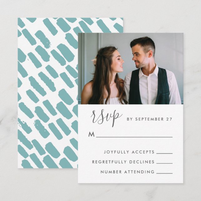 Boda de escritura moderna foto Rsvp en azul (Anverso / Reverso)
