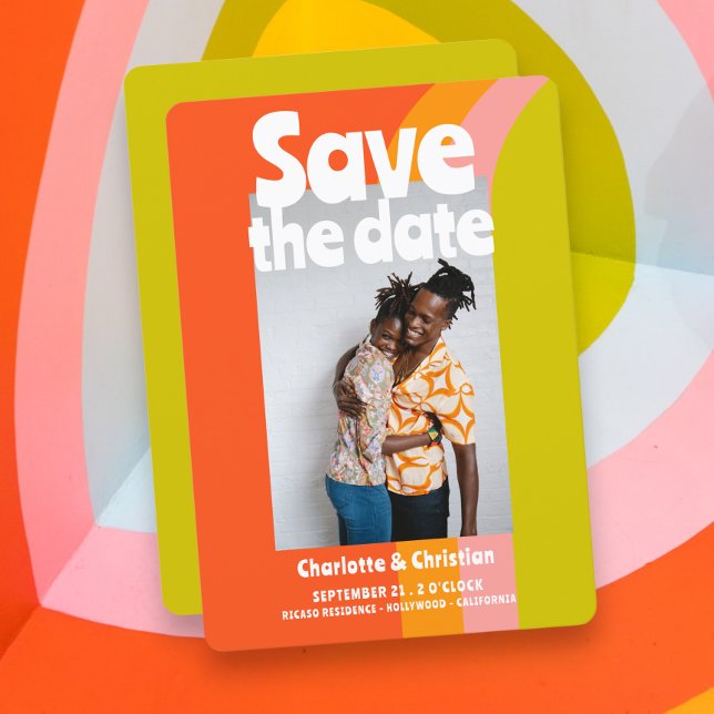 Boda de fecha de audaz cítrico retro (Bold Retro Citrus Save The Date Wedding Announcement from Ricaso. A fun vibrant card for fun people)