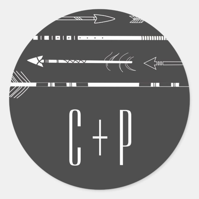 Boda de Flechas Tribales Monograma Pegatina | Gris (Anverso)