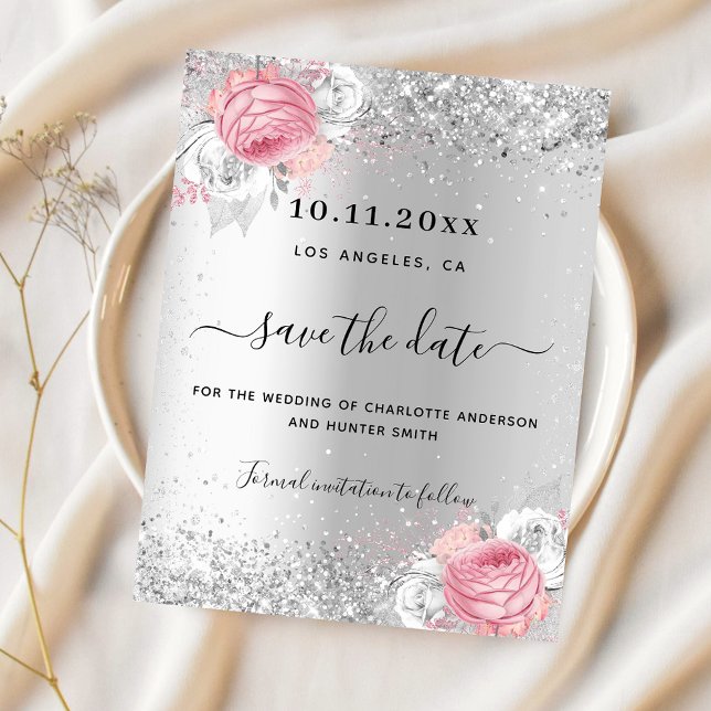 Boda de flores rosadas plateadas salva la tarjeta  (Subido por el creador)