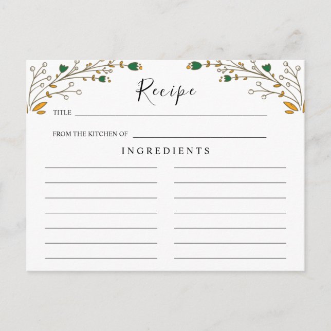Boda de Flores Silvestres, Tarjeta de Receta Flora (Anverso)