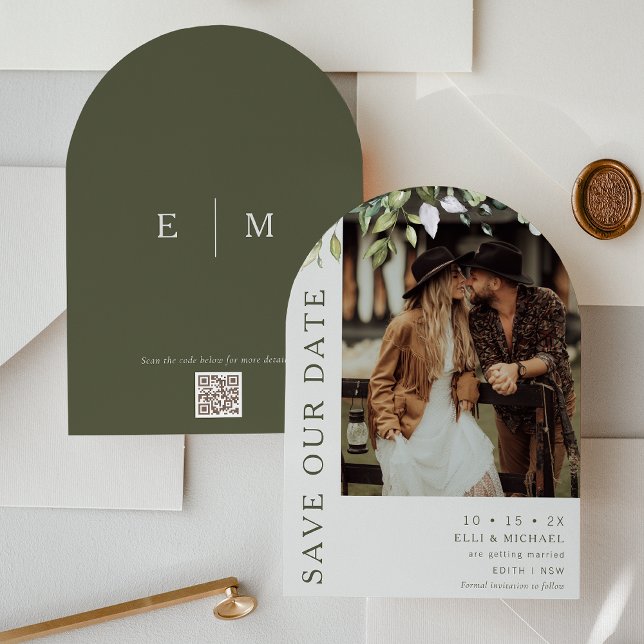 Boda De Foliage De Arco Moderno Guardar La Tarjeta (Greenery Foliage Save The Date Card, Arch Greenery Wedding Save The Date Card, Photo QR code)