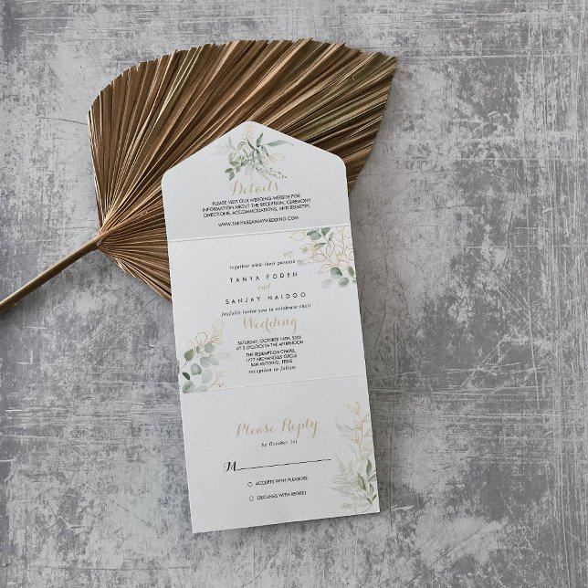 Boda De Foliage Verde Oro Todo En Una Invitación (Subido por el creador)