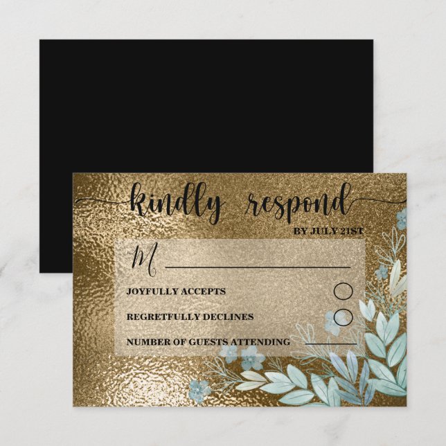 Boda de follaje moderno RSVP negro y oro (Anverso / Reverso)