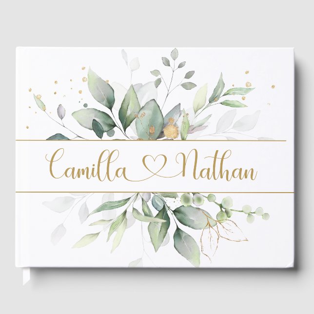 Boda de follaje verde y dorado Libro de invitados (Anverso)