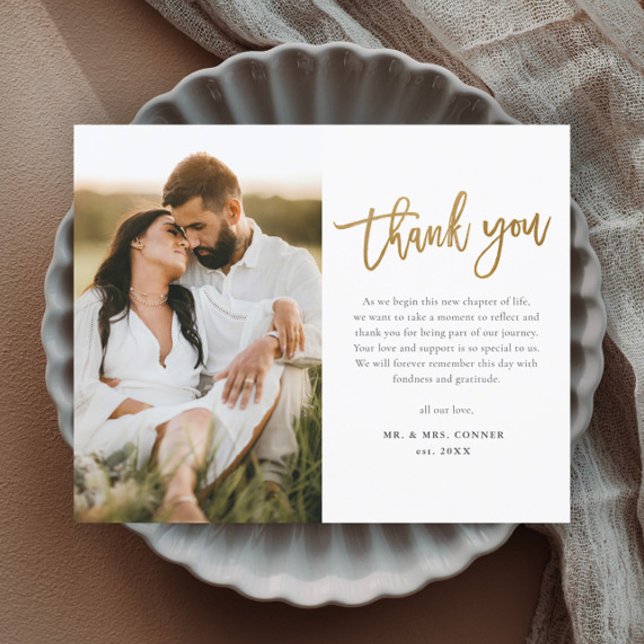Boda de fotos de escritura de oro moderna Gracias (Modern gold script wedding photo thank you magnetic card.)