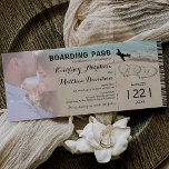 Boda de fotos de la playa de tarjetas de embarque<br><div class="desc">Invitación a la boda con destino a la tarjeta de embarque que incluye una foto de la pareja feliz,  un fondo de playa del océano,  dos corazones de amor en la costa,  tus iniciales,  un avión y una plantilla de boda personalizada.</div>