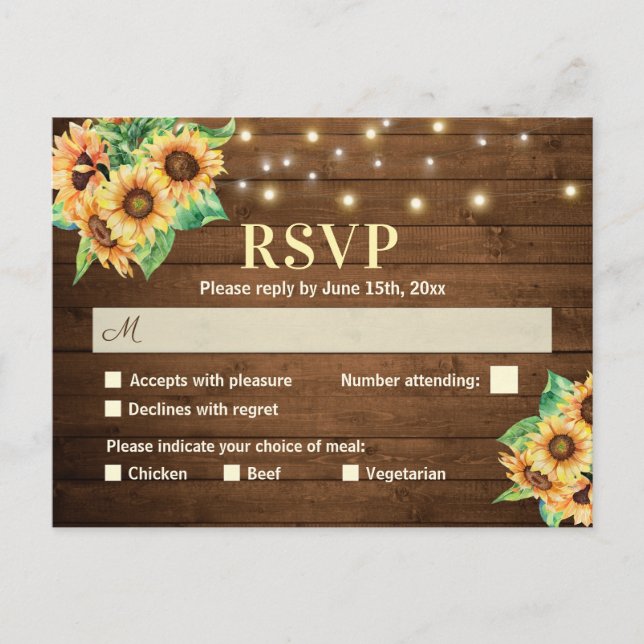 Boda de girasol RSVP Invitación a un país rústico (Anverso)
