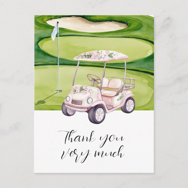 Boda de golf gracias. tarjeta con carrito de golf (Anverso)
