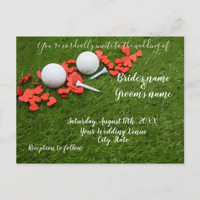 Boda de golf Tarjeta de invitación con corazones d (Anverso)