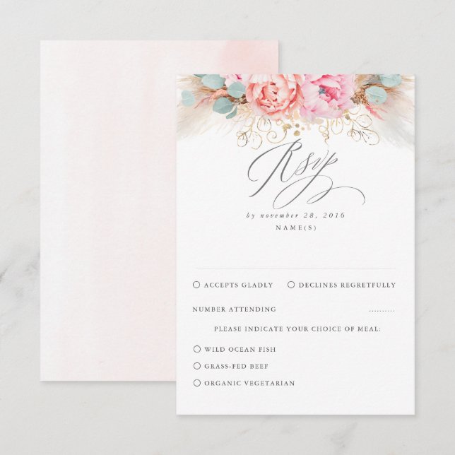 Boda de Grass Floral Pampas Rosa Rubor RSVP (Anverso / Reverso)