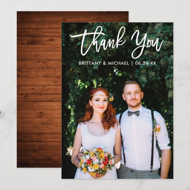 Boda De Guión De Pincel Foto Wood Gracias Tarjeta  (Anverso / Reverso)