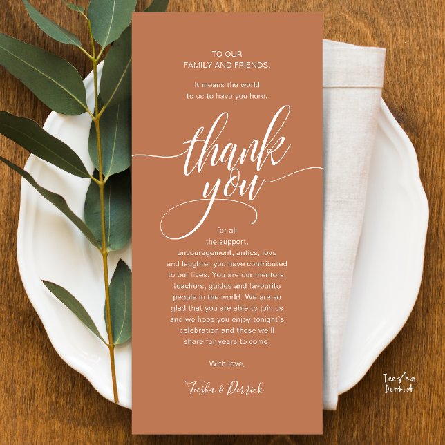 Boda De Guión Moderno Cena De Invitados Tarjeta De (Modern Script Wedding Guest Dinner Reception Brunch Lunch Thank You Card in Copper Brown Terracotta)