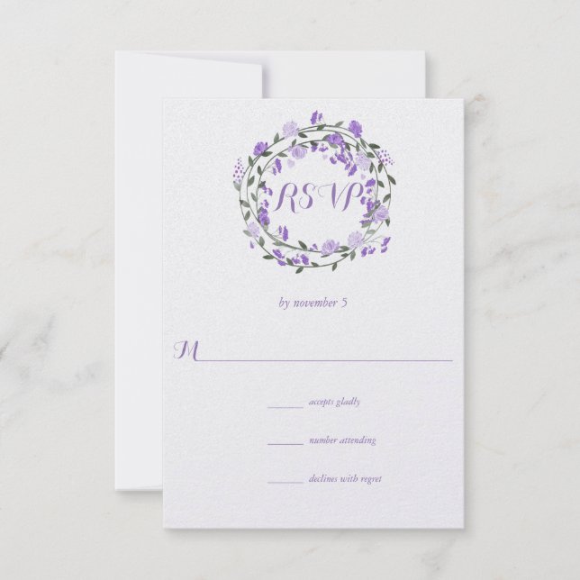 Boda de guirnaldas con flores de peón púrpura RSVP (Anverso)