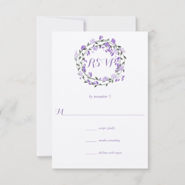 Boda de guirnaldas con flores de peón púrpura RSVP (Anverso)