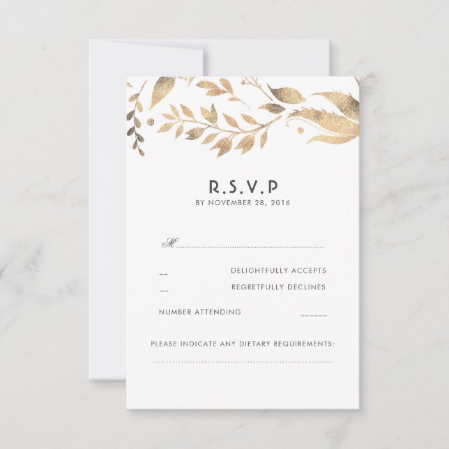 Boda de hojas blancas y doradas RSVP (Anverso)