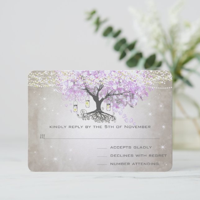 Boda de hojas de corazón de lavanda radiante RSVP (Anverso de pie)