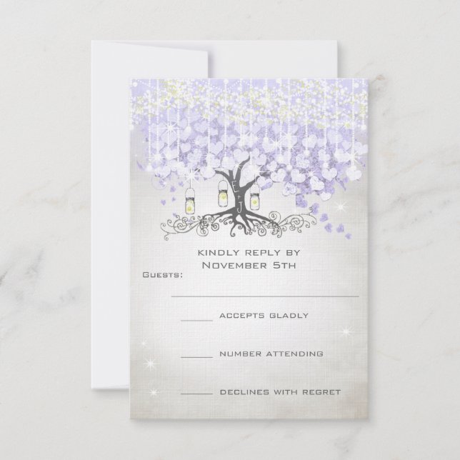Boda de hojas de corazón de lavanda radiante RSVP (Anverso)