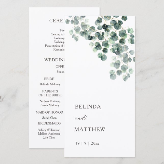 Boda de hojas de eucalipto acuarela (Anverso / Reverso)