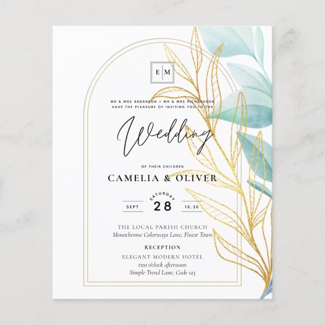 Boda de hojas de oro verdes de vidrio marino todo  (Frente)