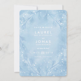 Boda de invierno azul y nevada salva las tarjetas 