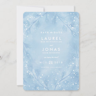 Boda de invierno azul y nevada salva las tarjetas 
