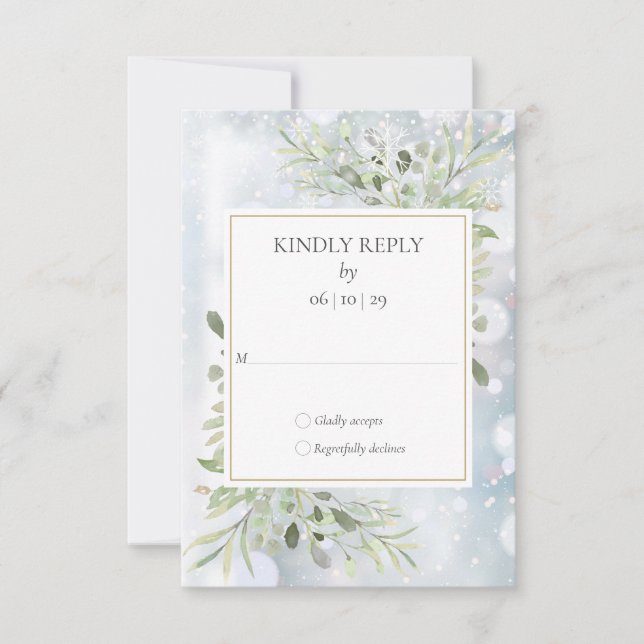 Boda de invierno con copos de nieve verde RSVP (Anverso)