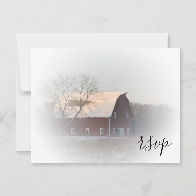 Boda de invierno de granero cubierto de nieve RSVP (Anverso)