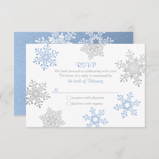 Boda de invierno Lapis Blue Silver Snowflake RSVP (Anverso / Reverso)
