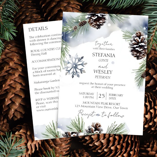 Boda de invierno todo en una plantilla de pinos ne (Winter wedding all in one editable template invitation digital download watercolor snowy pines grey)