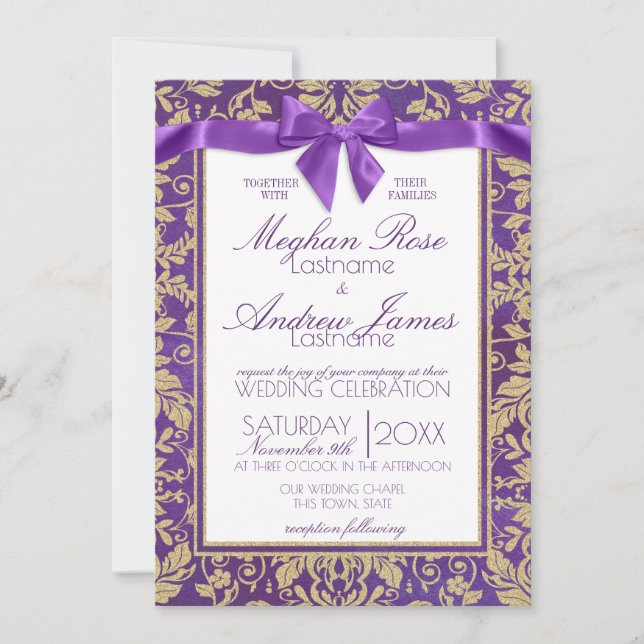 Boda de invitaciones Damask Gold y Royal Purple (Anverso)