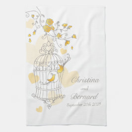 Boda de jaula de pájaro amarillo toalla de cocina