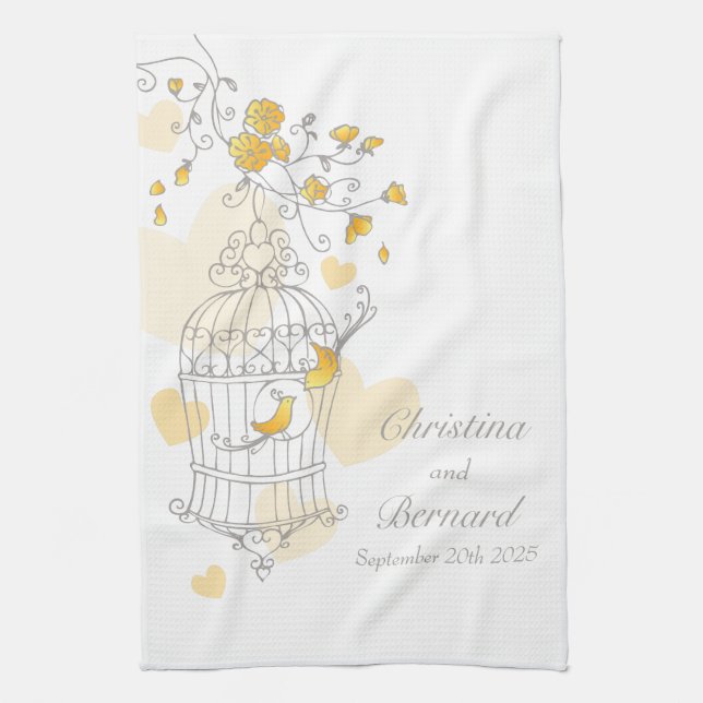 Boda de jaula de pájaro amarillo toalla de cocina  (Vertical)
