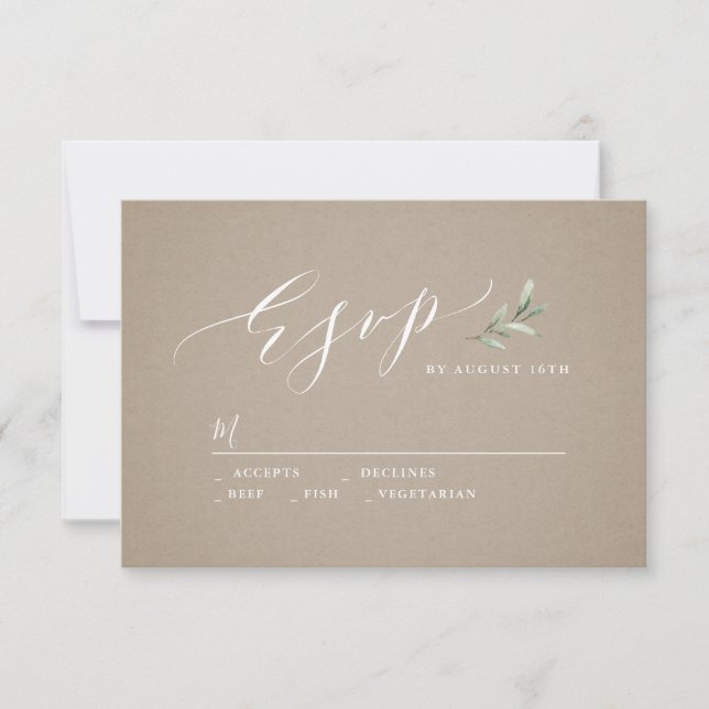 Boda de Kraft caligraphy rústico verde RSVP (Anverso)