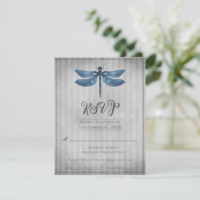 Boda de la libélula con joyas azules RSVP (Anverso de pie)