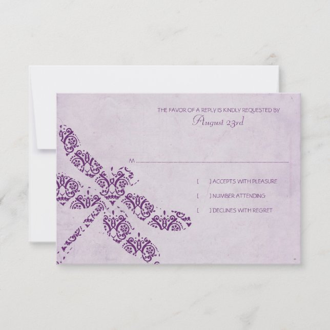 Boda de la libélula morada Damask RSVP (Anverso)