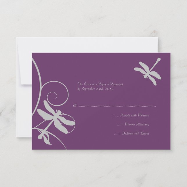 Boda de la libélula morada y plateada RSVP (Anverso)