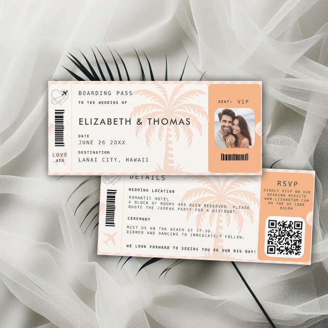 Boda de la Palm QR de tarjeta de embarque de desti (destination wedding invitation tropical hawaii boarding pass botanical palm tree peach pink)