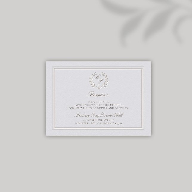 Boda de la recepción clásica de la costa de Ancla  (nautical wedding reception modern classic formal traditional faux embossed anchor crest monograms)