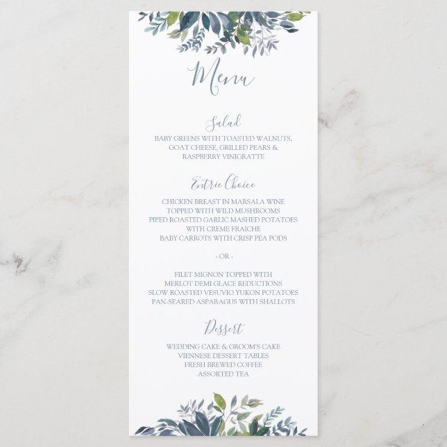 Boda de la vegetación pintada Menus Dusty Blue (Anverso)