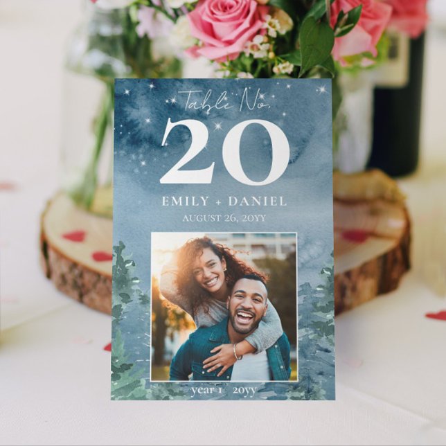 Boda de las Montañas Azules Dusk Tabla No. con Fot (Dark Dusk Blue Rustic Mountains Wedding / Event Table Numbers )