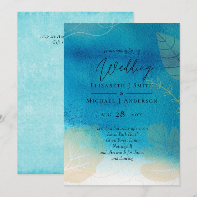 Boda de LeahG BUDGET Ocean Blue Watercolor (Anverso / Reverso)