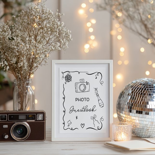 Boda de libro de visitas con mano negra y rara (Quirky black Hand Drawn Guestbook Wedding Poster)