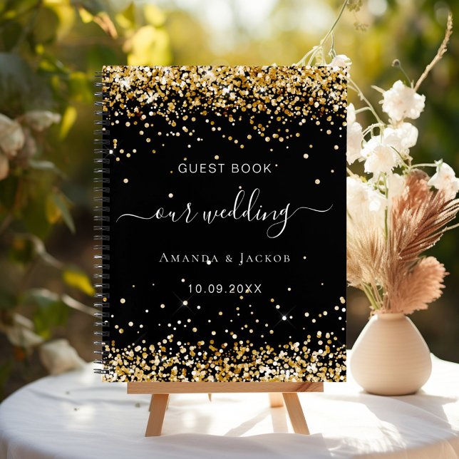Boda de libros de invitado confetti de oro negro (Subido por el creador)