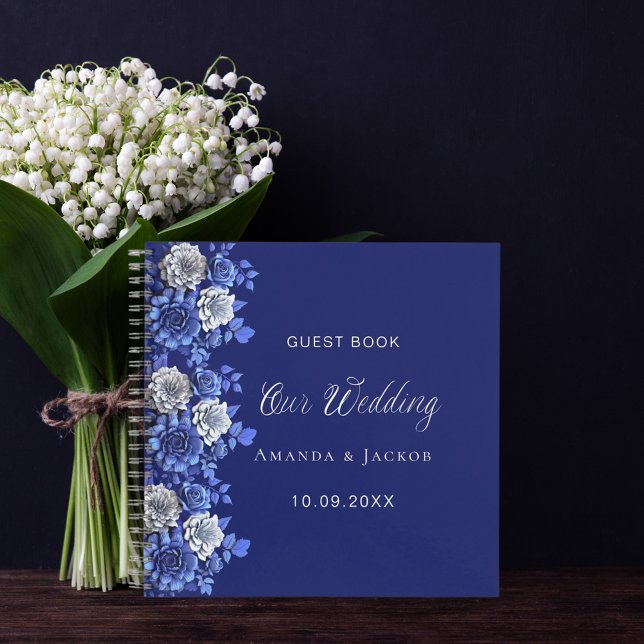 Boda de libros de invitados flores azul marino (Subido por el creador)