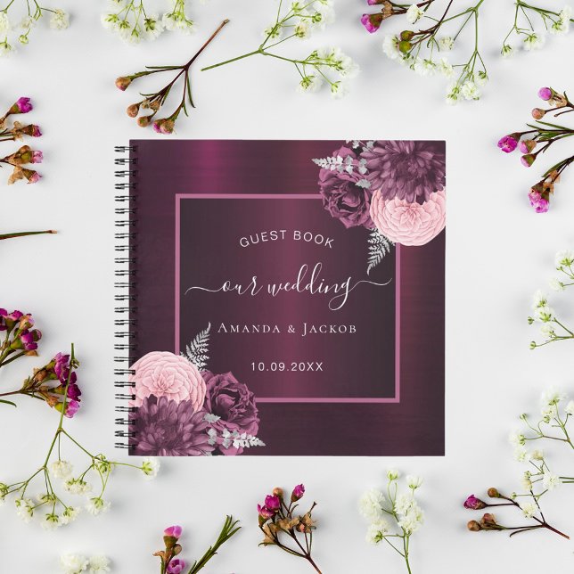 Boda de libros de invitados flores rosa burgundy (Subido por el creador)